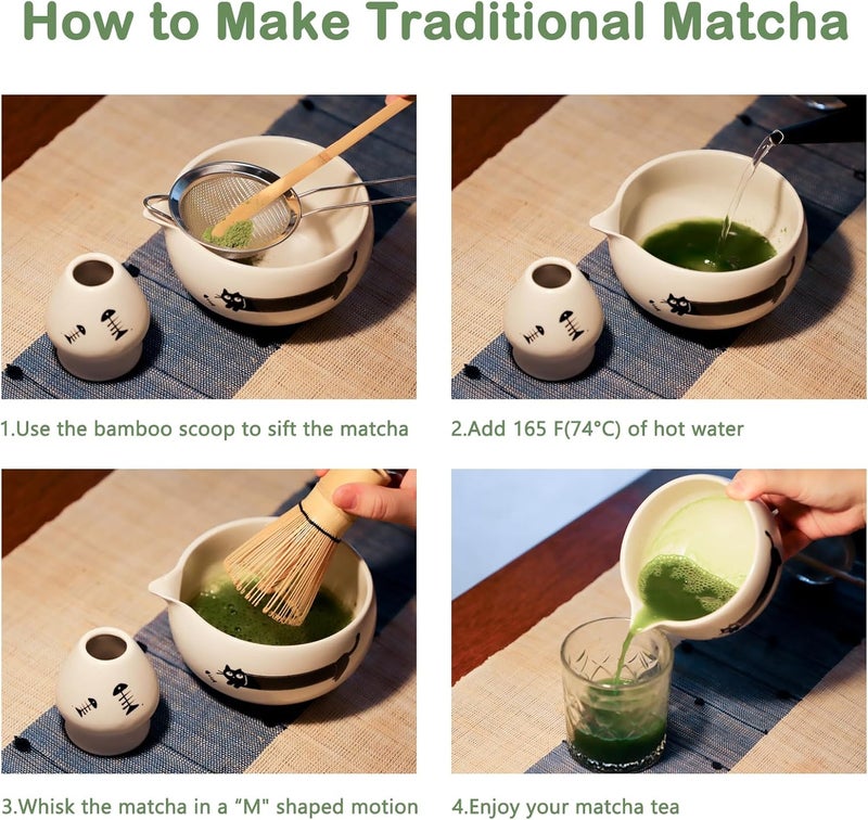KOIMYSA Matcha Whisk Set Cat Themed, Cute Japanese Matcha Set Preparation Gift Kit Including Ceramic Bowl and Whisk Holder, Bamboo Scoop, Birthday Gift for Women Girls Wife, White - Image 4